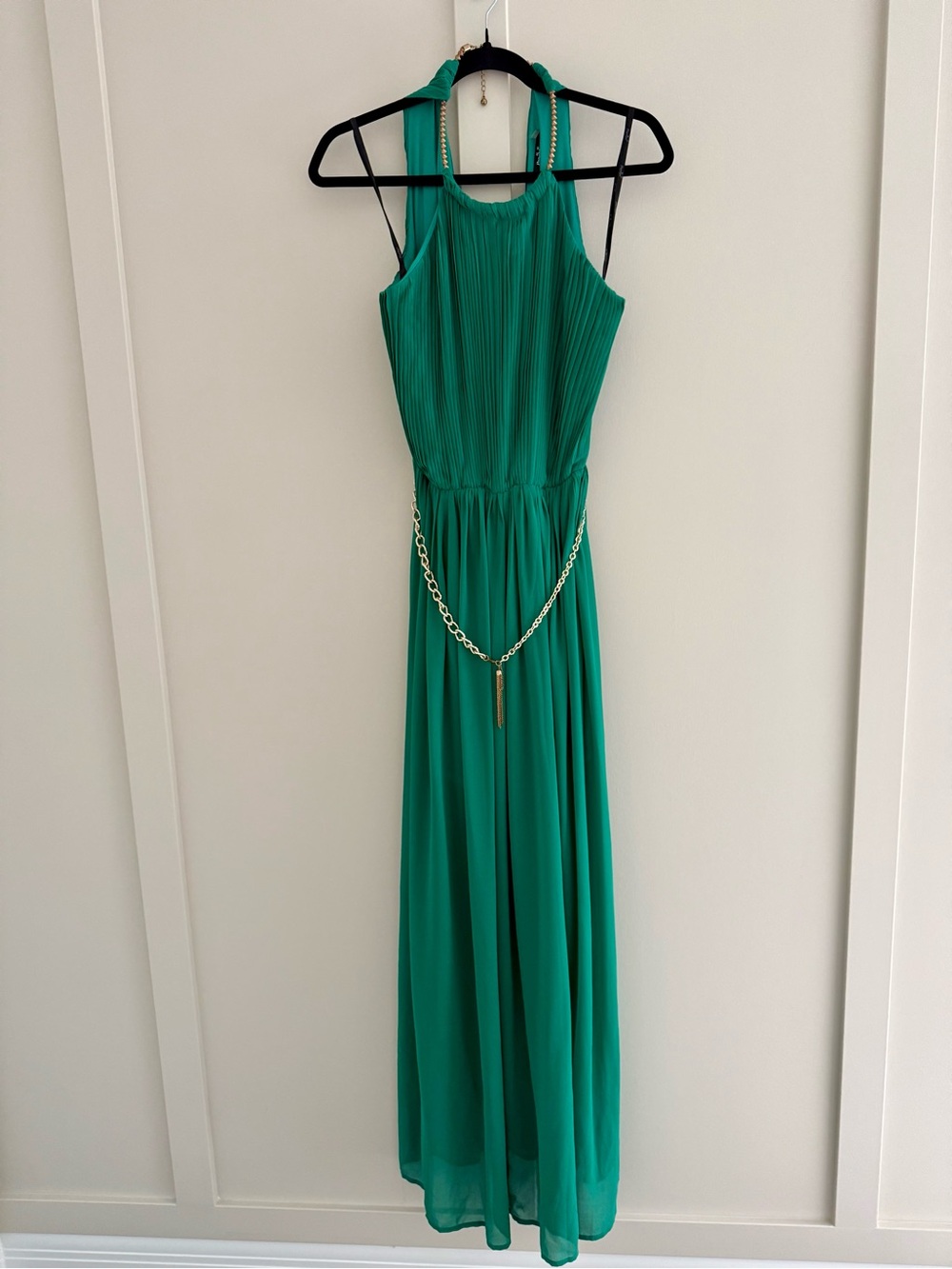 Green Halter Maxi Dress with Gold Chain Accent